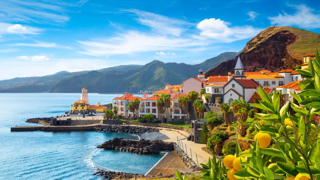 View of the small village of Canical and Marina da Quinta Grande, near Ponta de Sao Lourenco. Madeira Island, Portugal