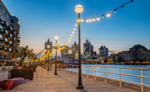 The Tower Bridge as seen from the Butler's Wharf Pier in London